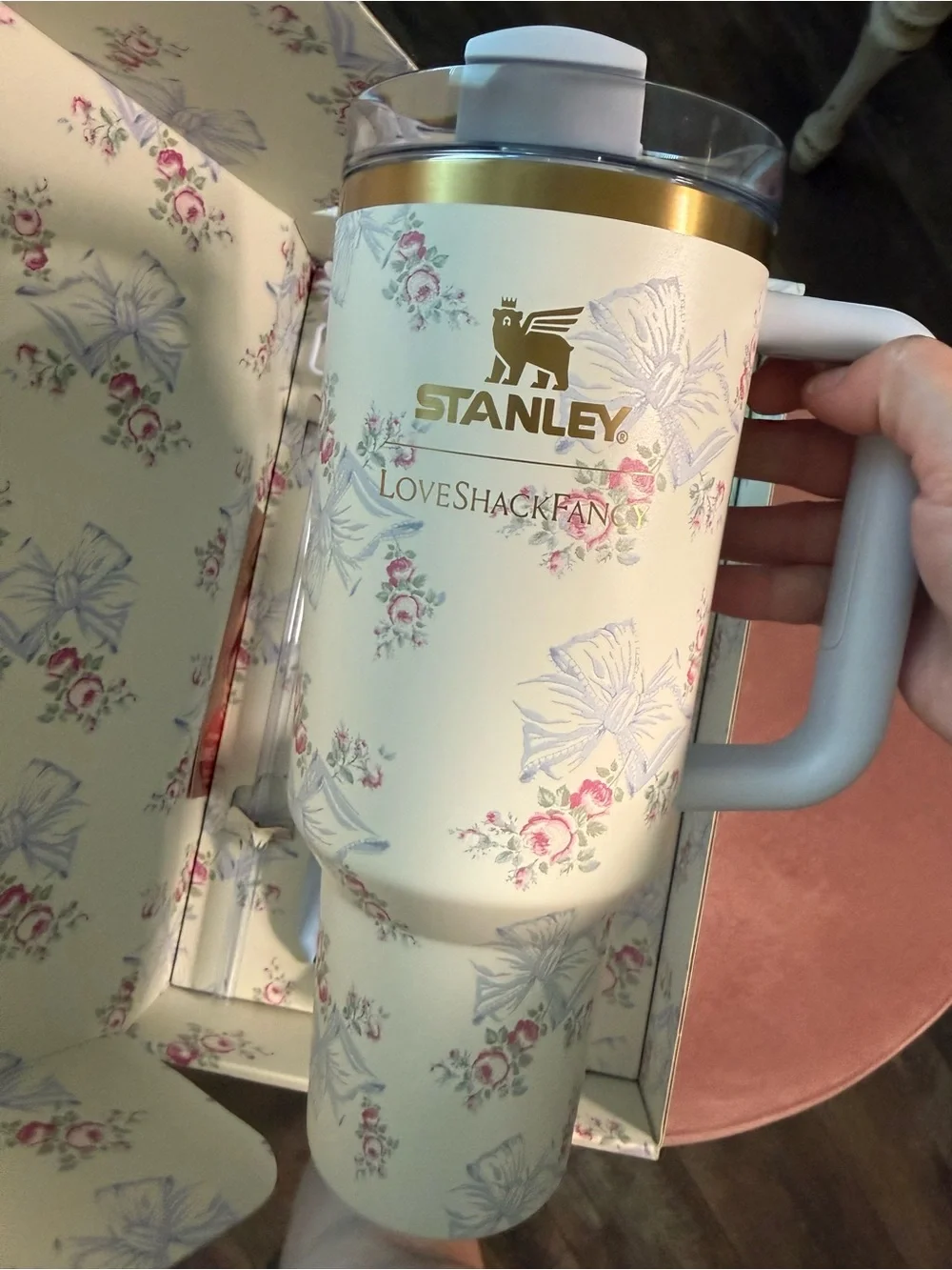 Stanley Cream Floral Travel Mug with Gold Trim - Picture 2 of 4